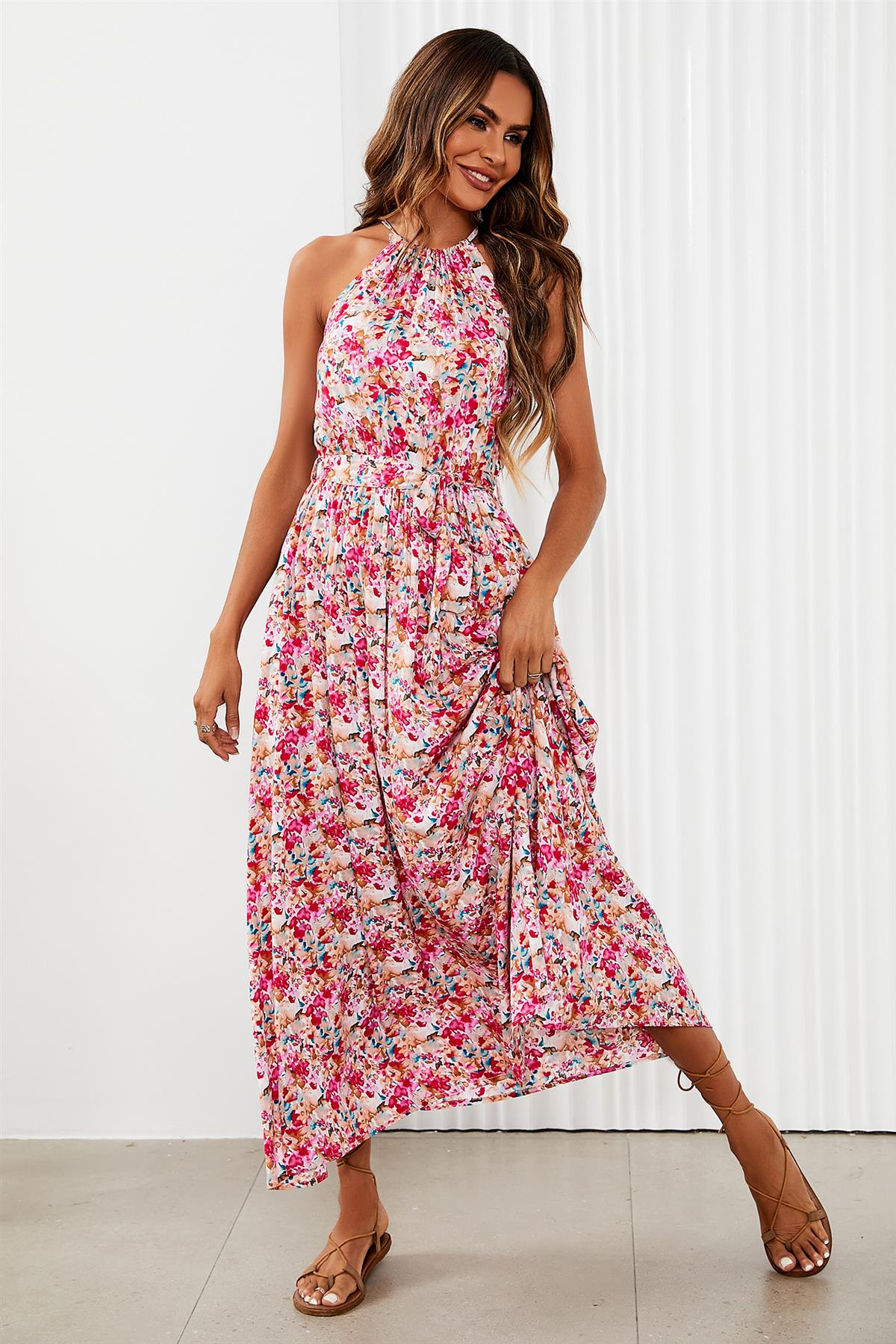 Floral Tie Halterneck Maxi Dress In Pink