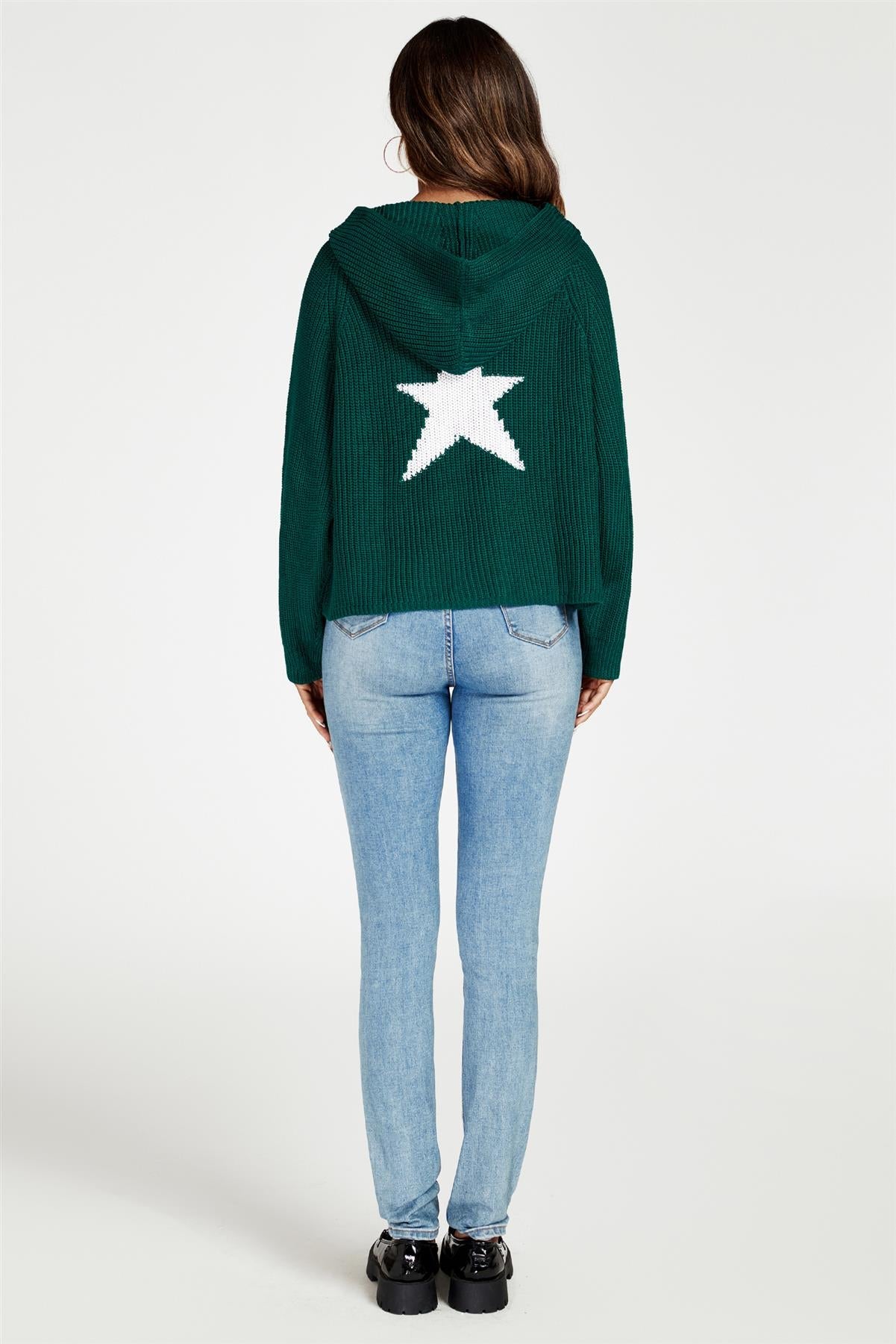 Star Pattern Knitted Hoodie In Green