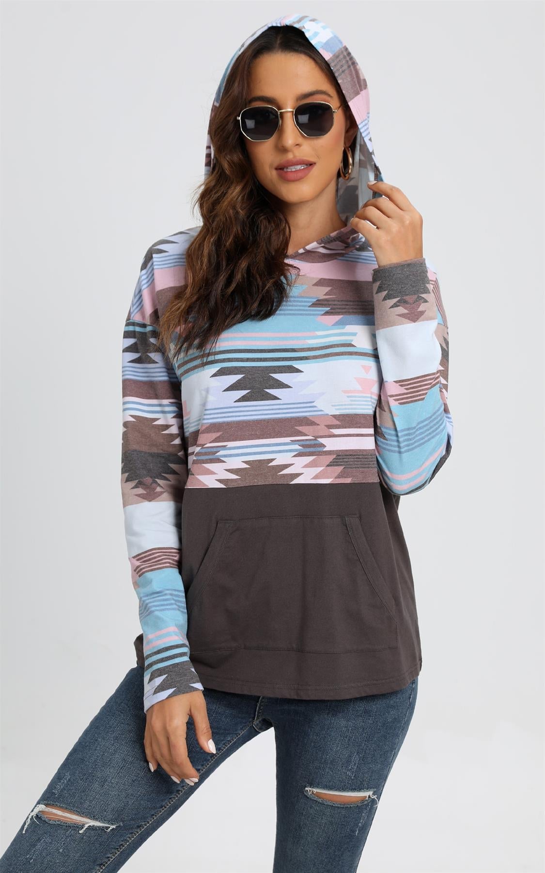 Geometric Print Hoodie Top With Pocket In Grey
