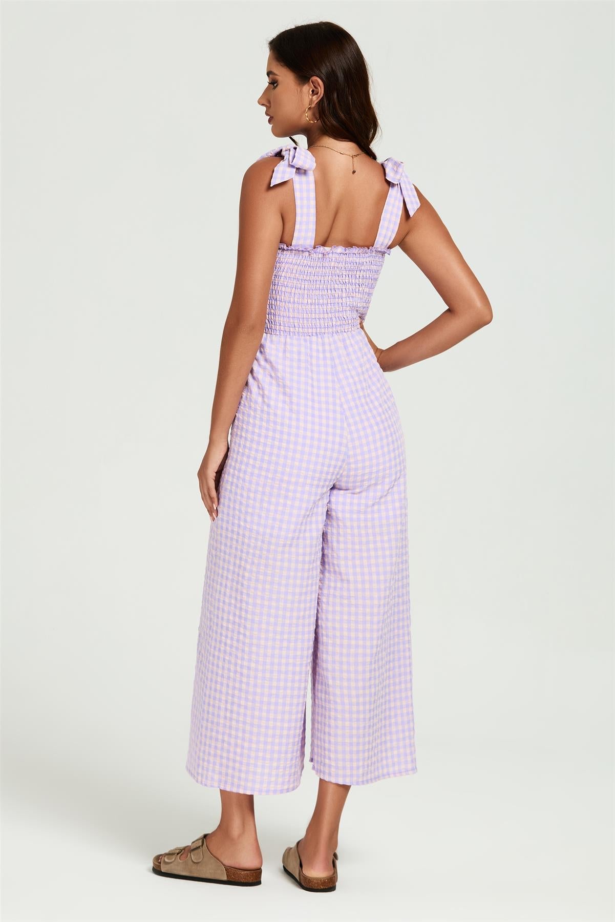 Check Print Tie Detail Jumpsuit In Purple & Pink