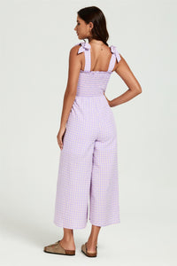 Check Print Tie Detail Jumpsuit In Purple & Pink