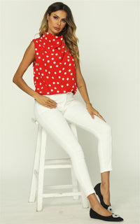 Polka Dot High Neck Sleeveless Blouse In Red