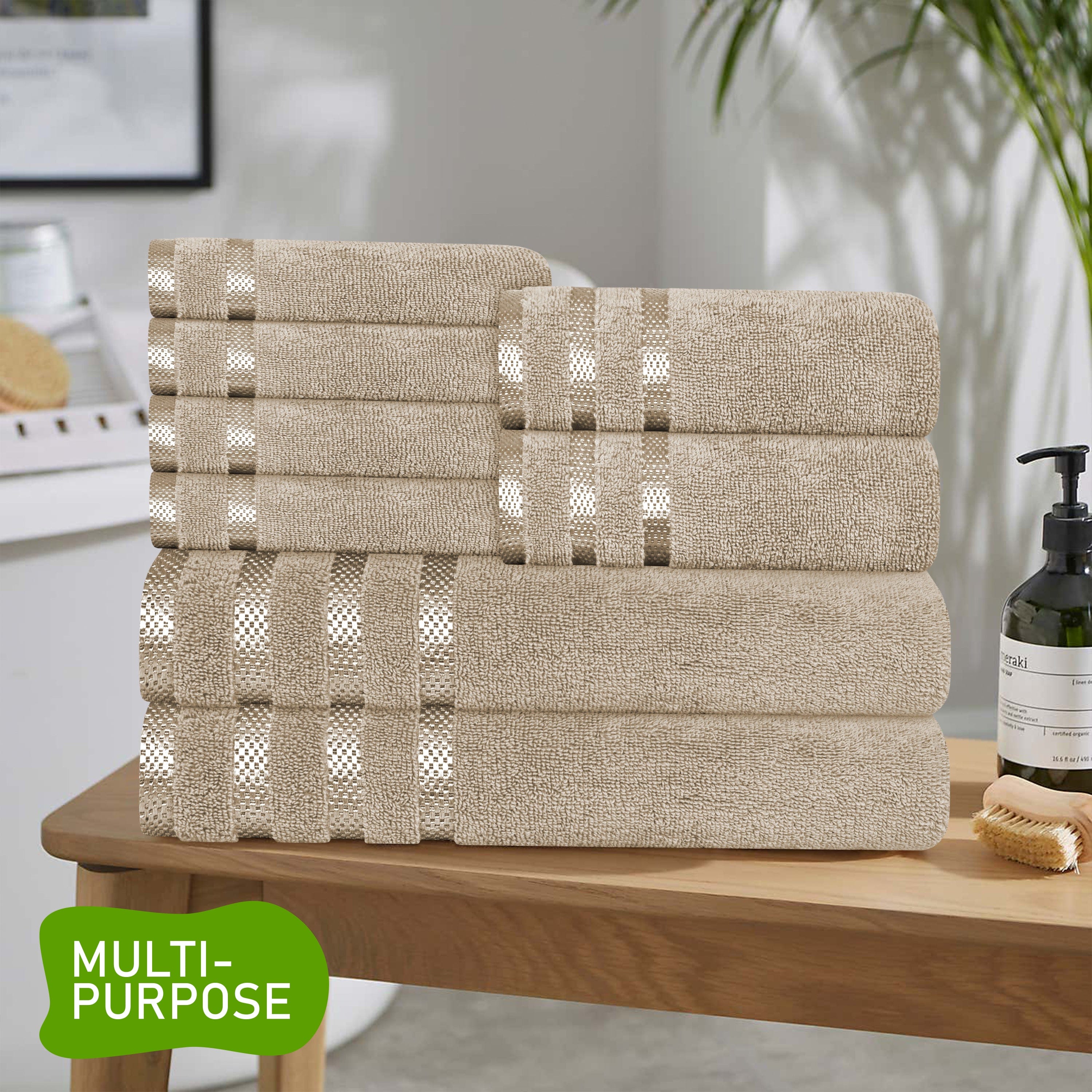 Belmont Viscose Stripe Beige Towels 100% Cotton Hotel Quality Super Absorbent 10 Piece Bale Set, 4 Hand Towel & 12 Face Cloths by OLIVIA ROCCO