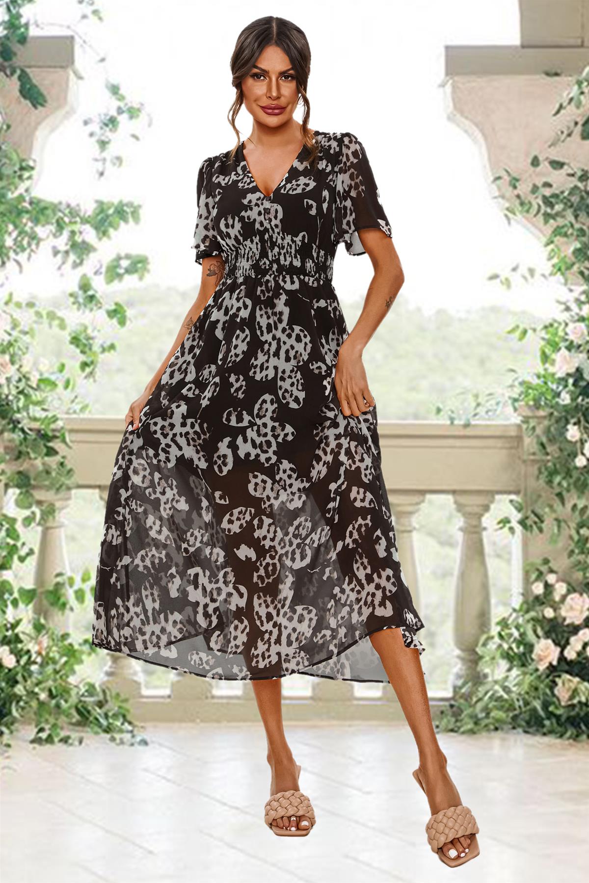 Leopard Floral Print Angel Sleeve Maxi Dress In Black