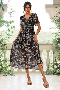 Leopard Floral Print Angel Sleeve Maxi Dress In Black