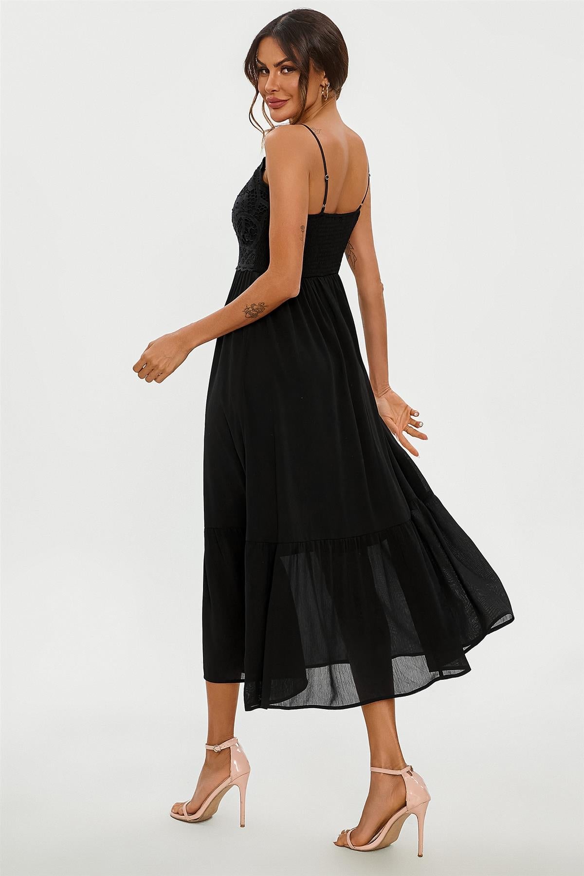 Lace Embroidery Anglaise Maxi Slip Dress In Black