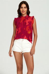 Abstract Print Frill Trim Sleeve Frill Neck Blouse Top In Red