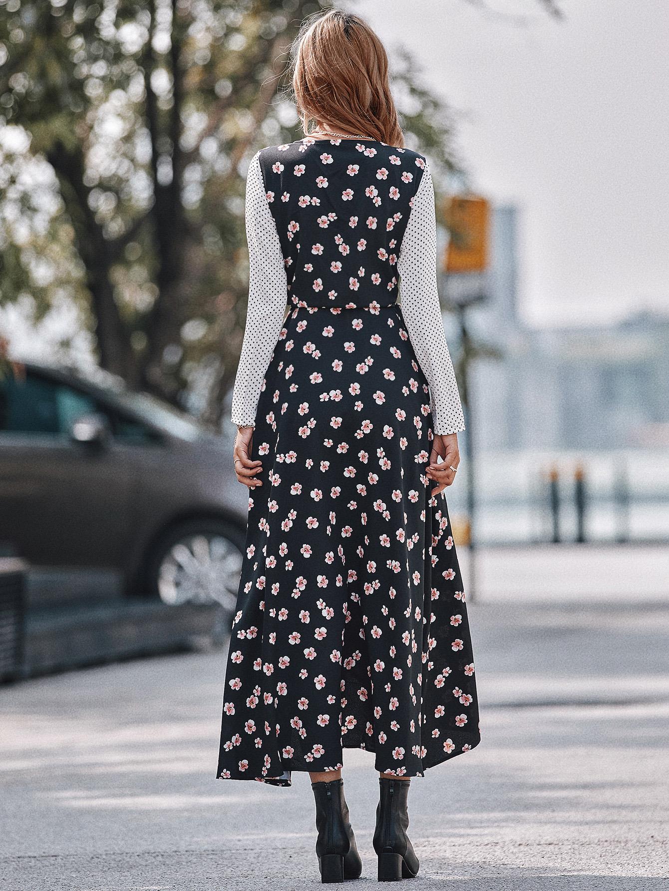 White Dot Floral Print Mix Wrap Dress In Black