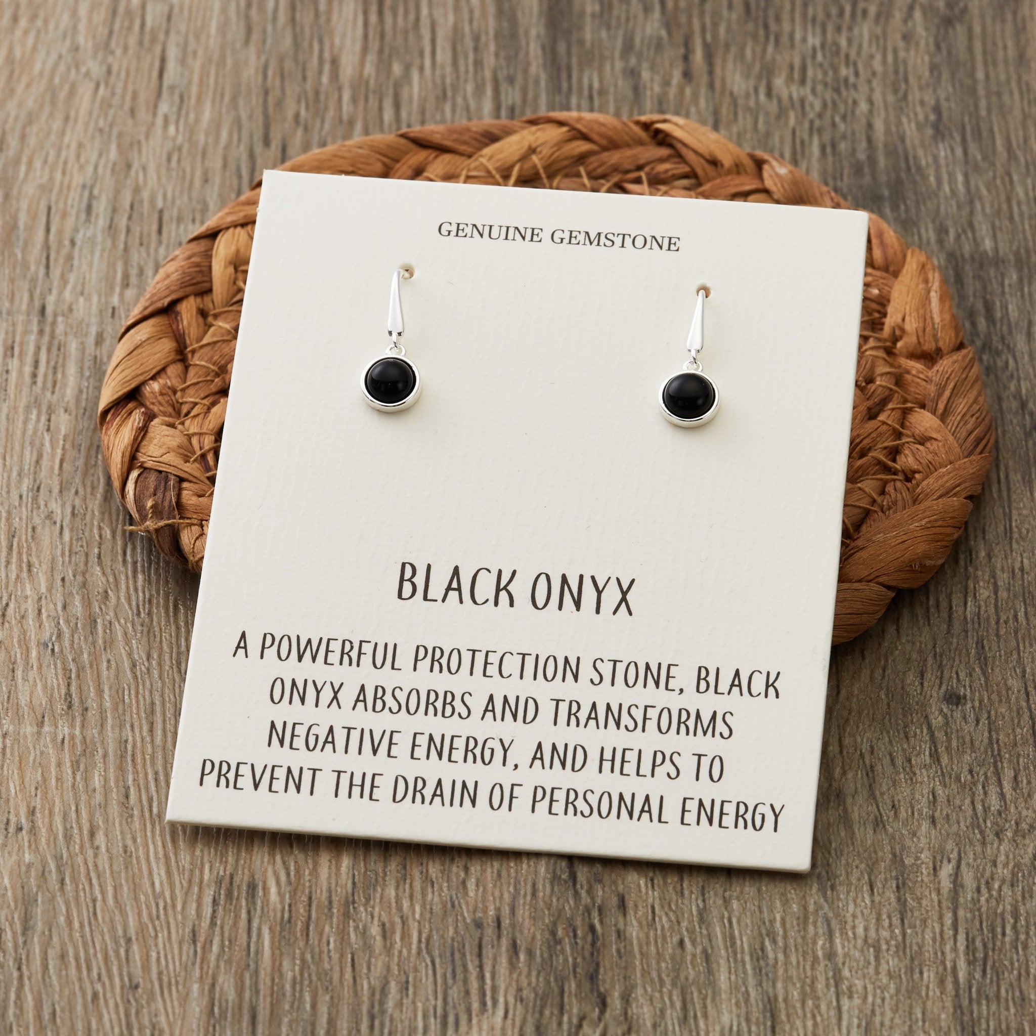 Black Onyx Drop Earrings with Quote Card