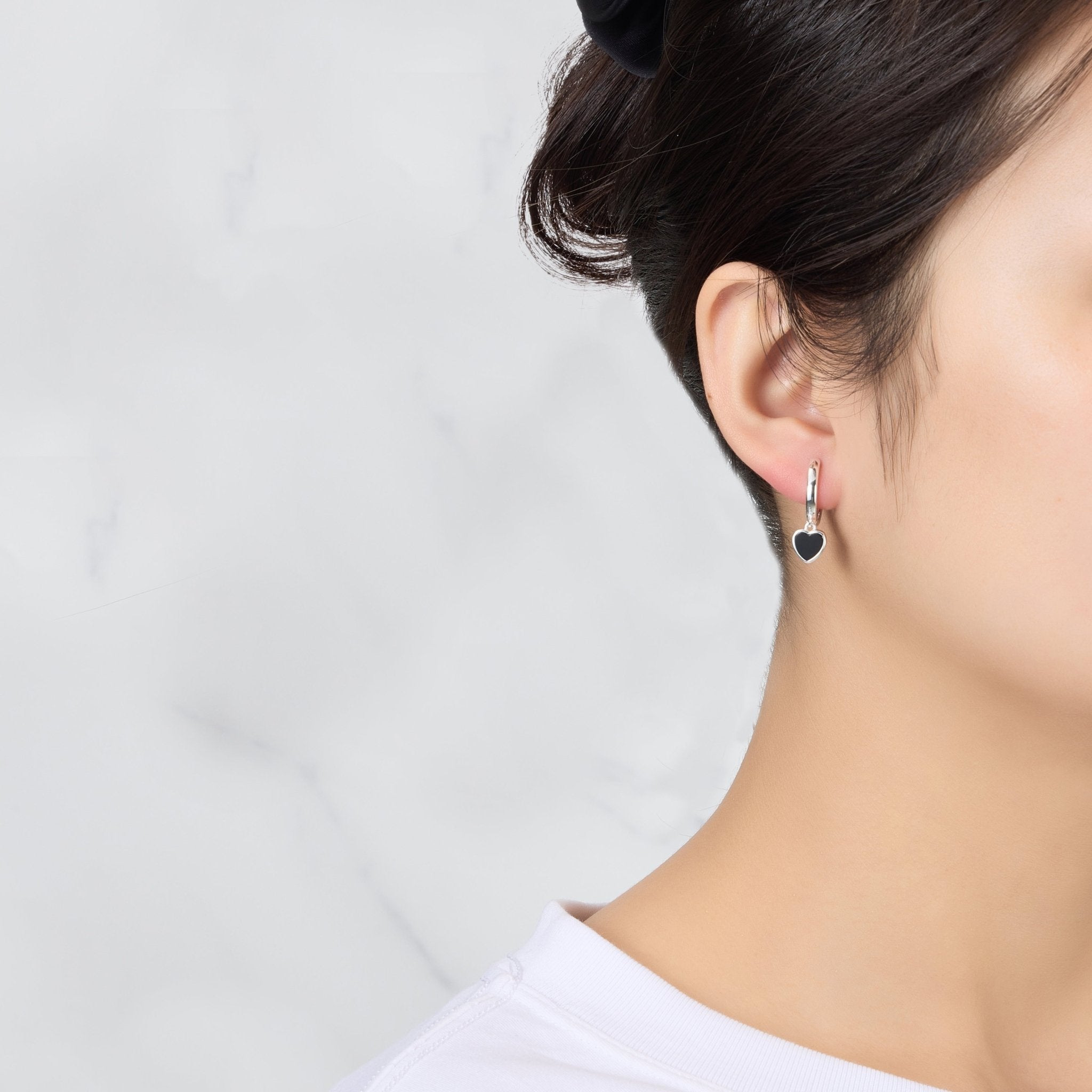 Black Onyx Gemstone Heart Charm Hoop Earrings with Quote Card