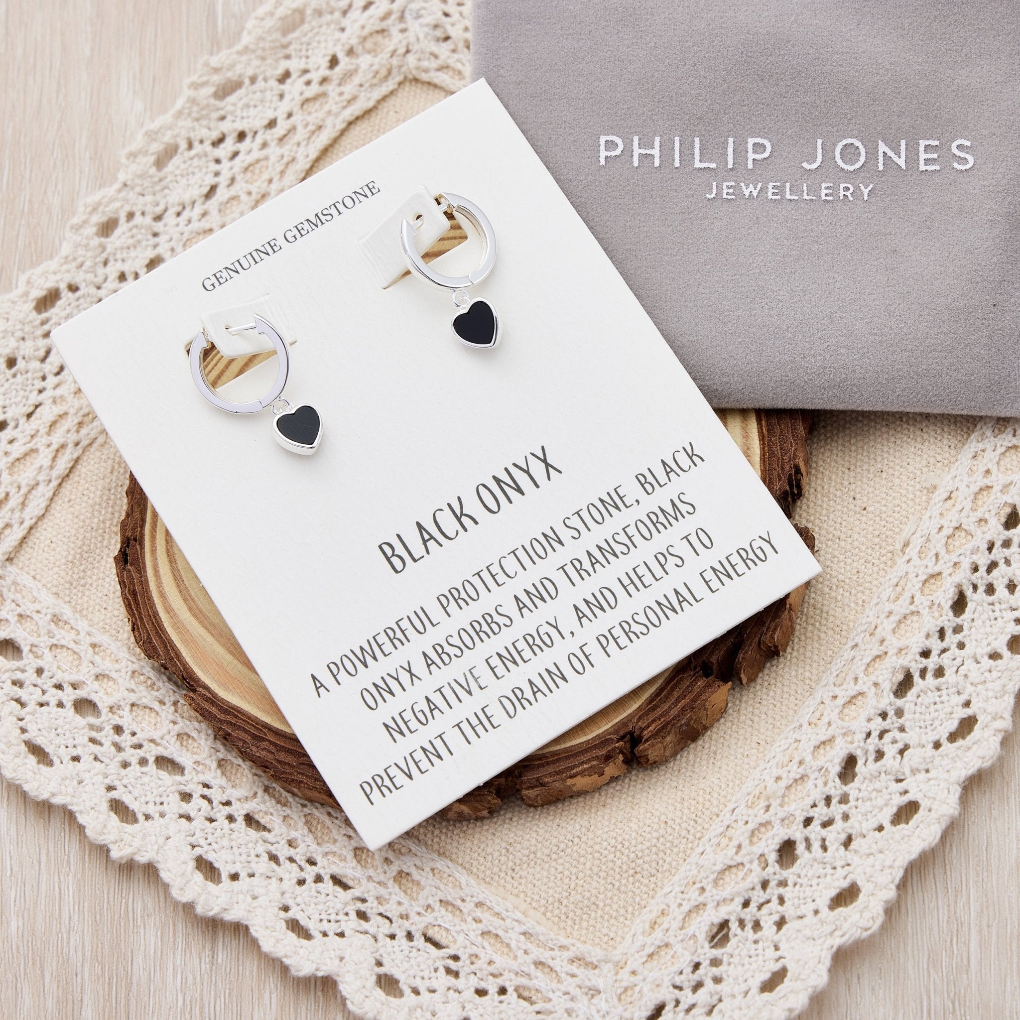 Black Onyx Gemstone Heart Charm Hoop Earrings with Quote Card