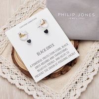 Black Onyx Gemstone Heart Charm Hoop Earrings with Quote Card
