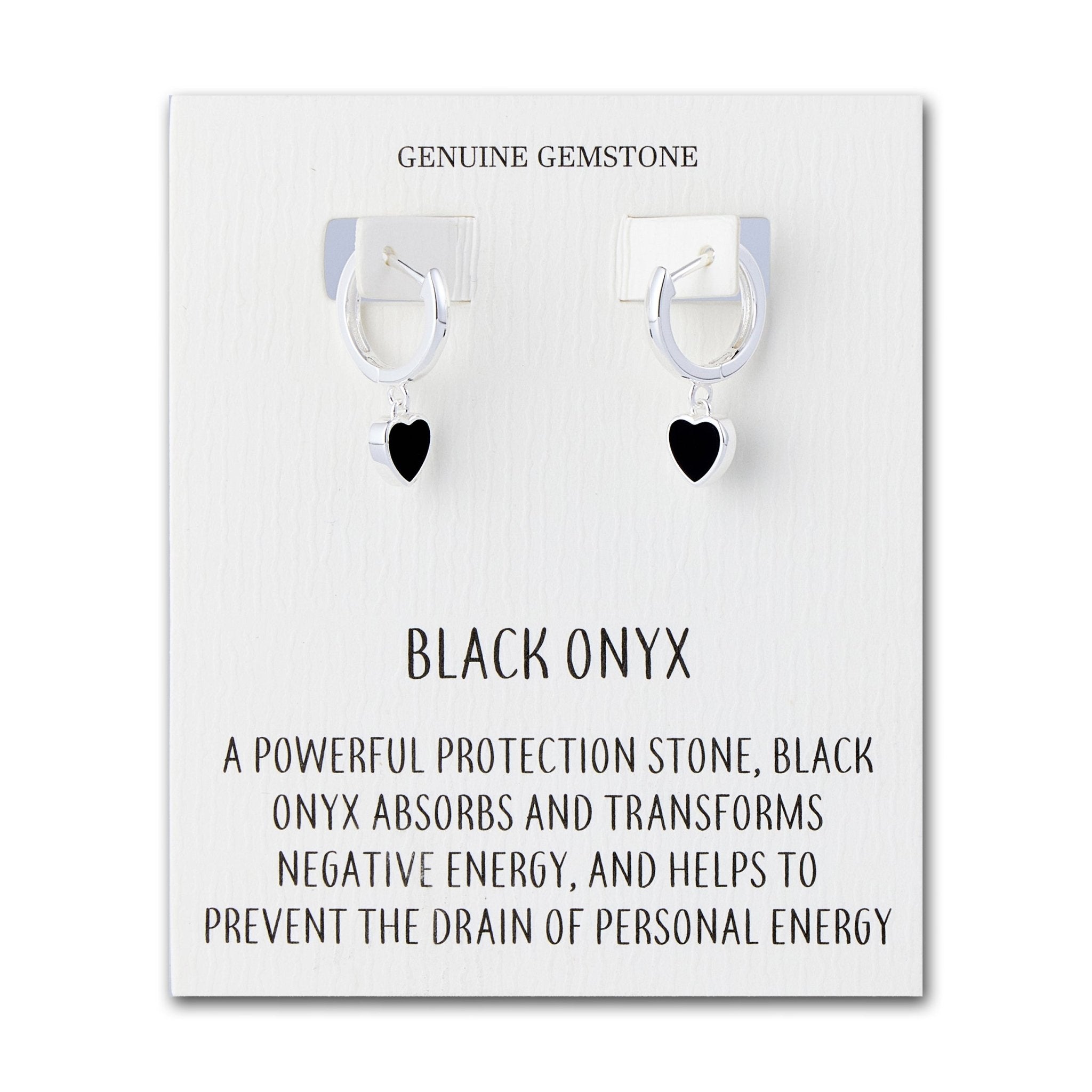 Black Onyx Gemstone Heart Charm Hoop Earrings with Quote Card