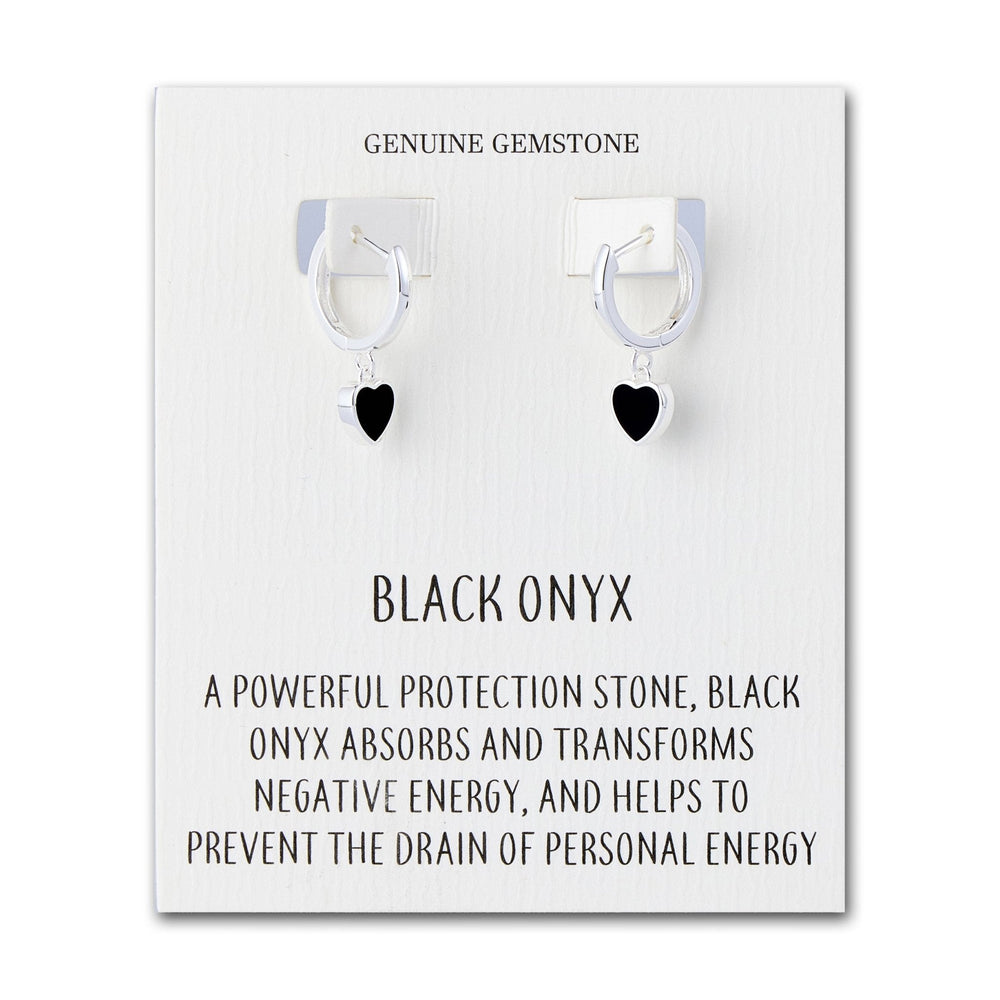 Black Onyx Gemstone Heart Charm Hoop Earrings with Quote Card