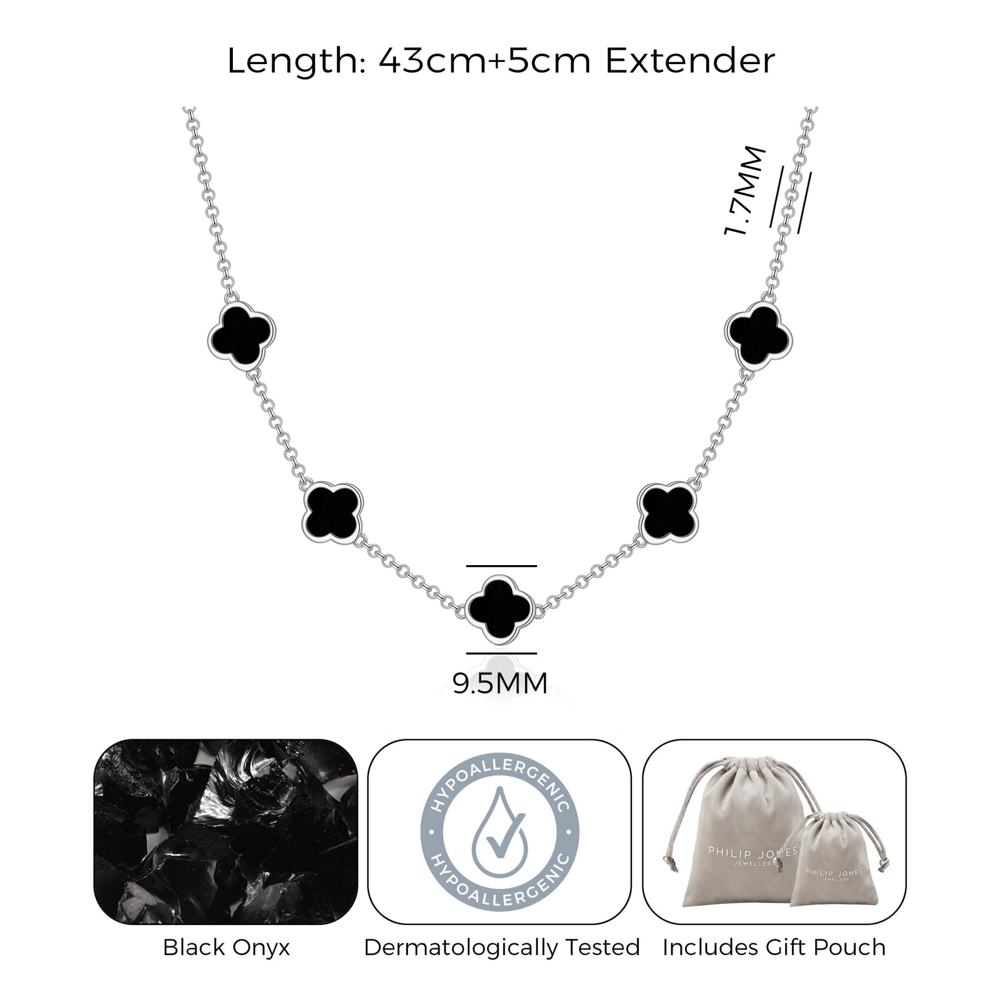 Black Onyx Gemstone Multi Clover Necklace