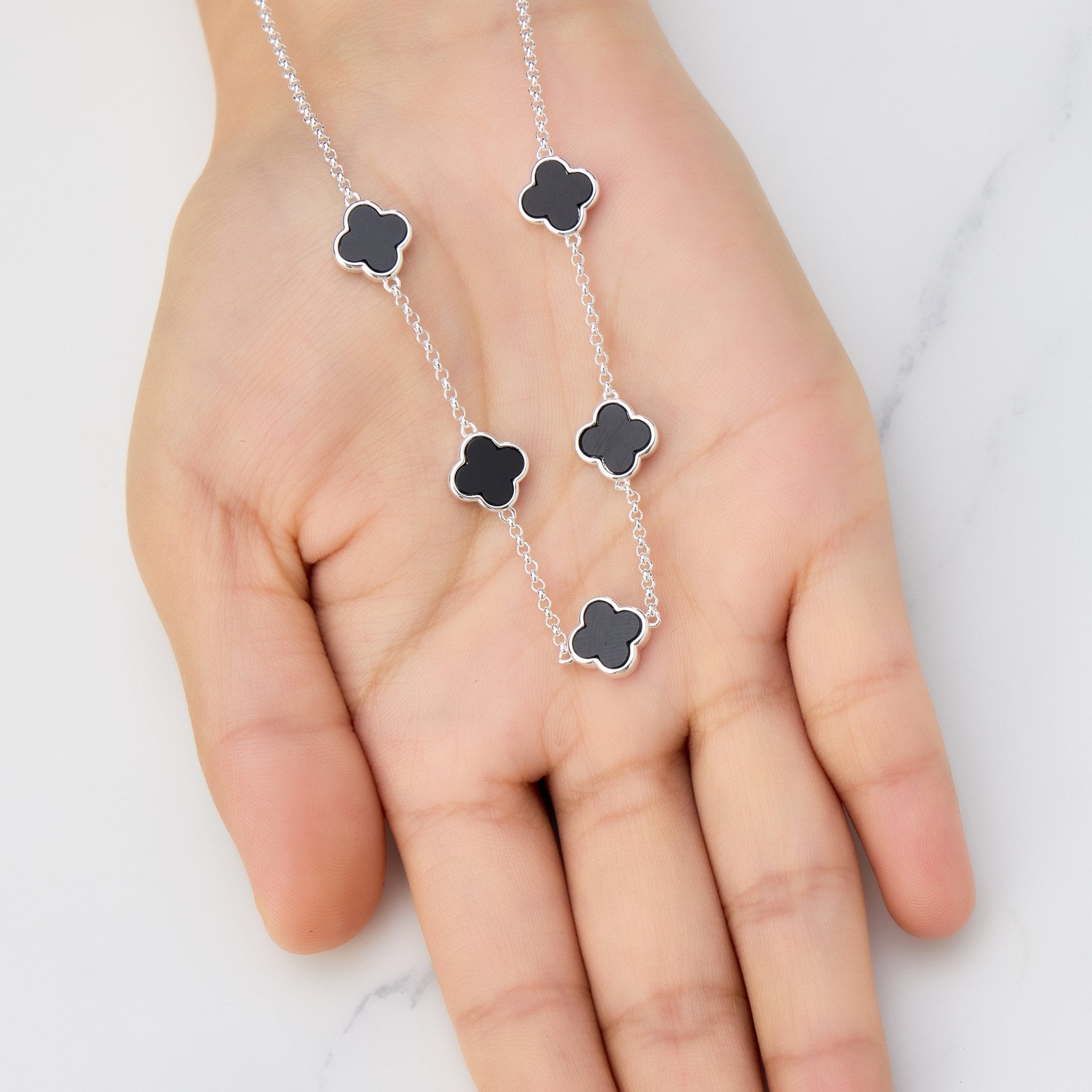 Black Onyx Gemstone Multi Clover Necklace