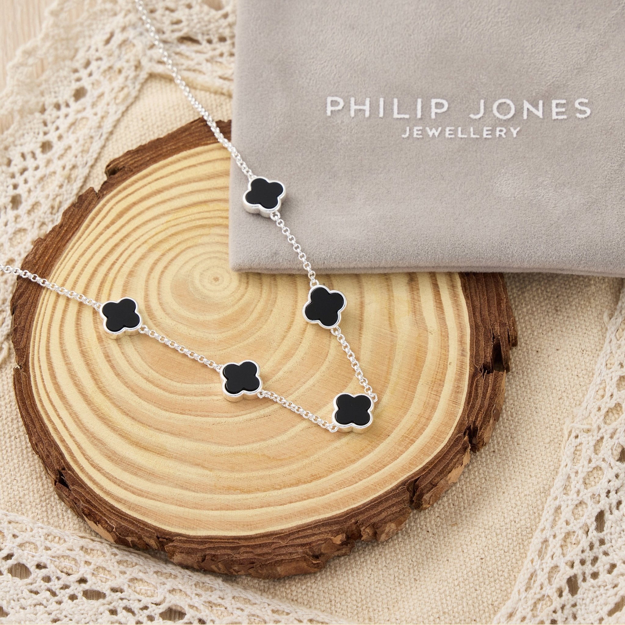 Black Onyx Gemstone Multi Clover Necklace