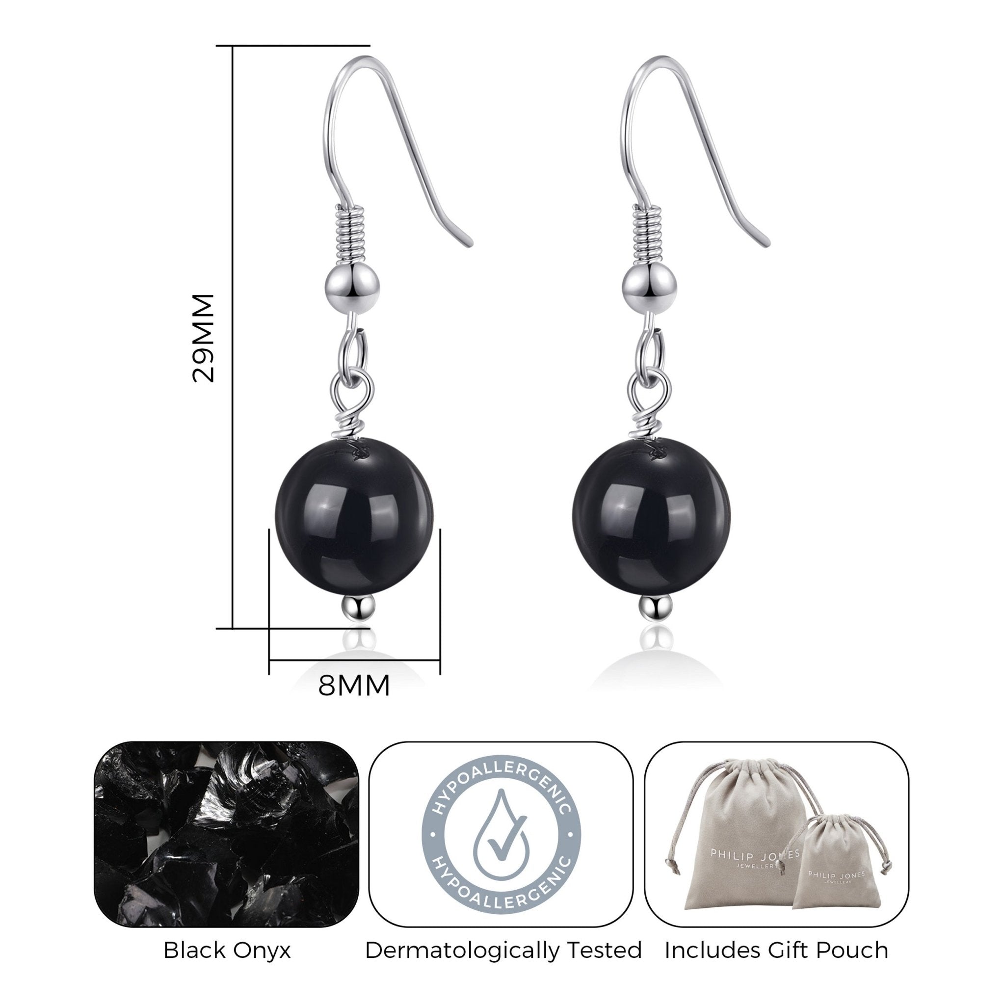 Black Onyx Gemstone Round Drop Earrings with Quote Card