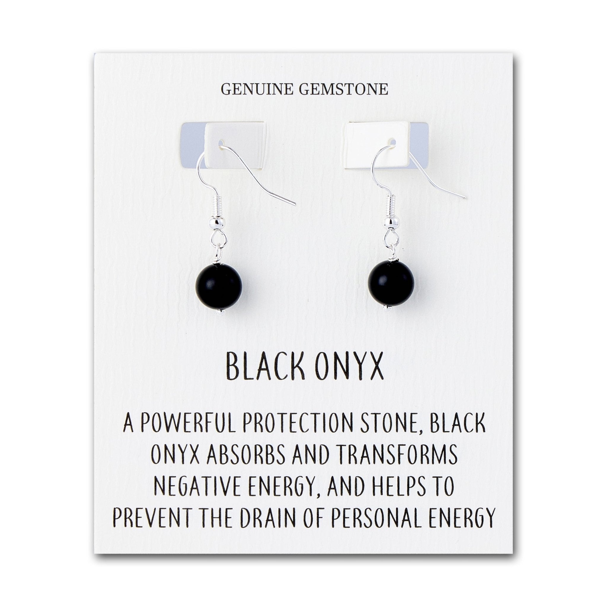 Black Onyx Gemstone Round Drop Earrings with Quote Card