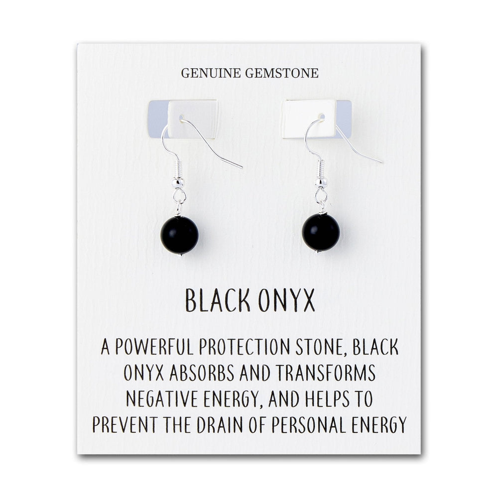 Black Onyx Gemstone Round Drop Earrings with Quote Card