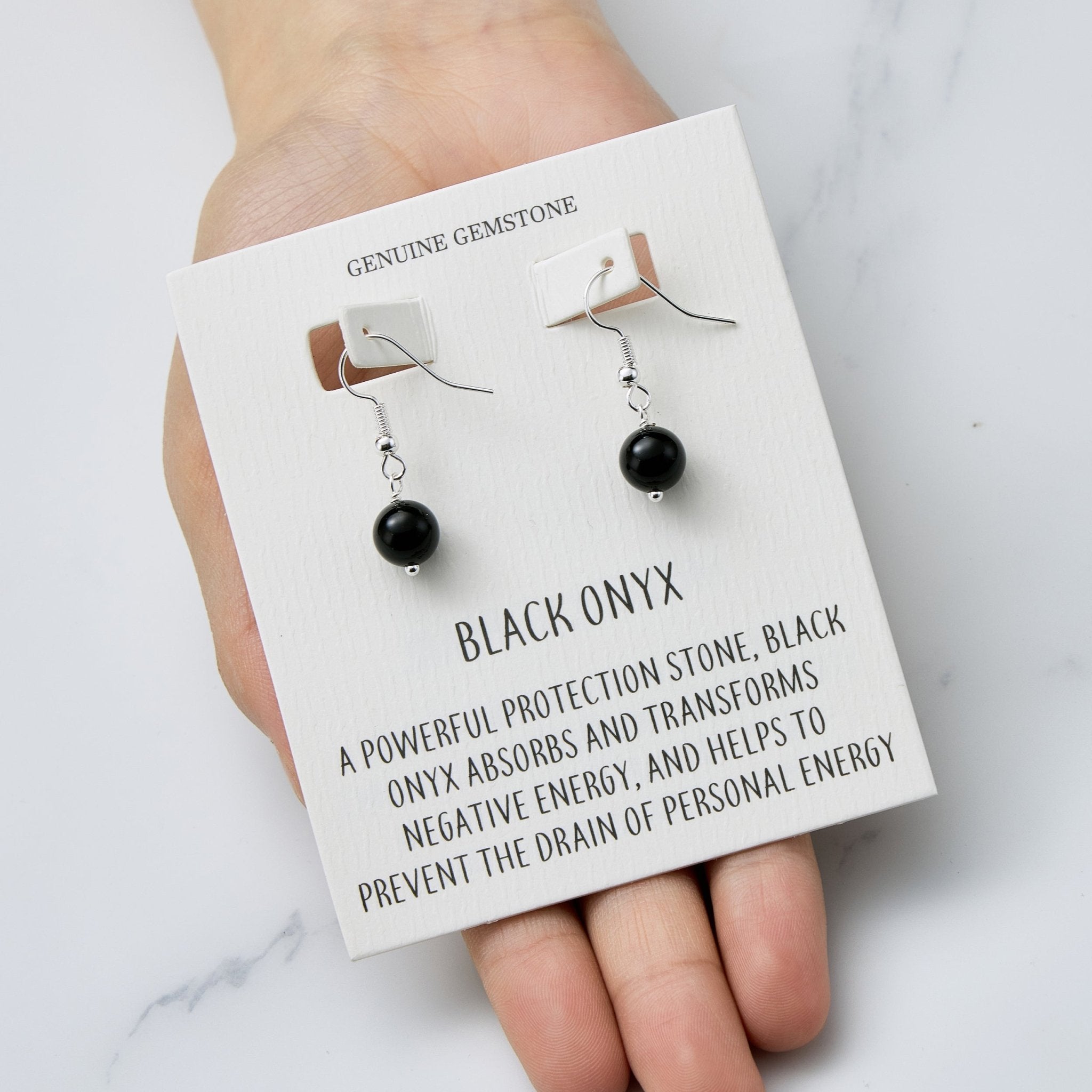 Black Onyx Gemstone Round Drop Earrings with Quote Card