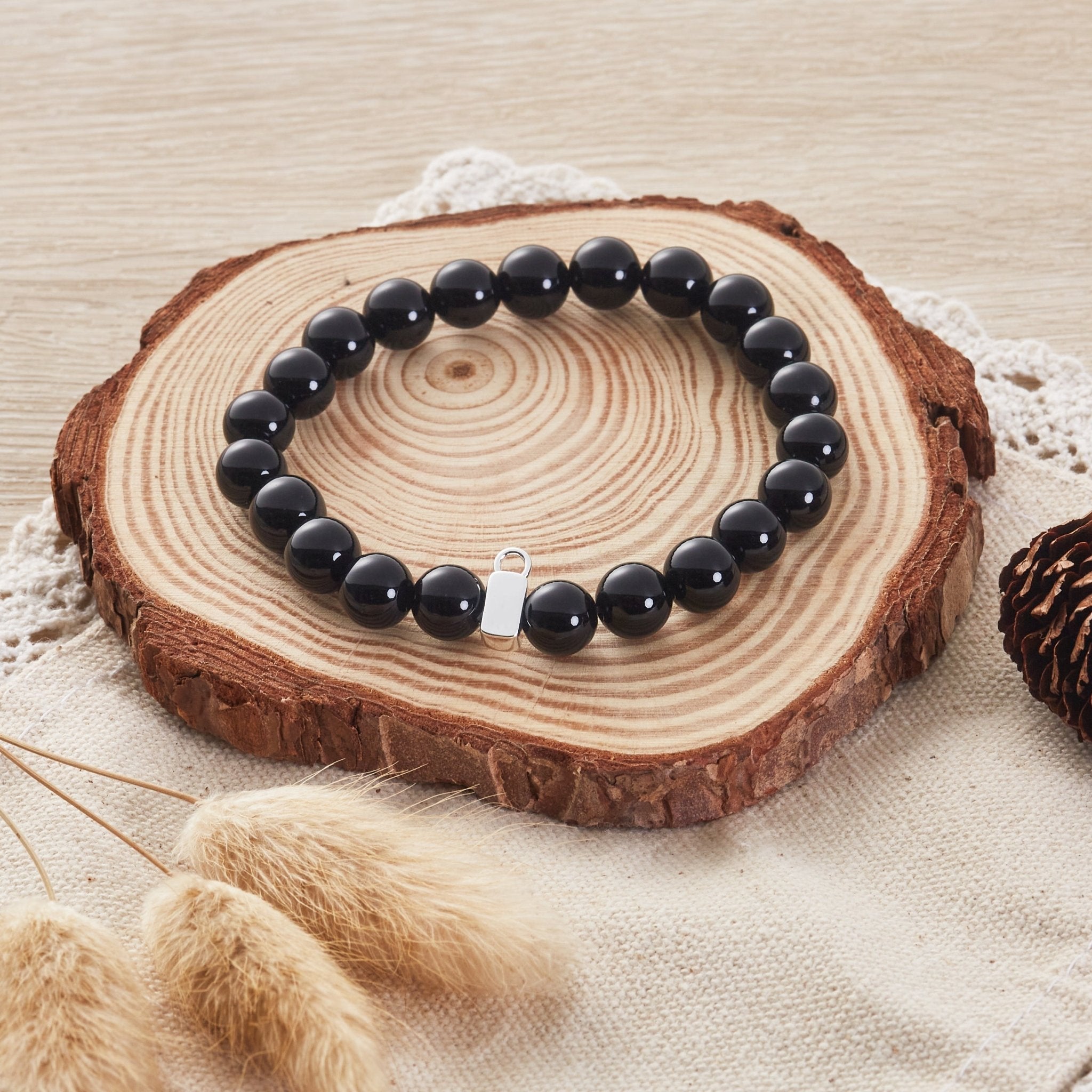 Black Onyx Gemstone Stretch Bracelet with Charm Created with Zircondia® Crystals