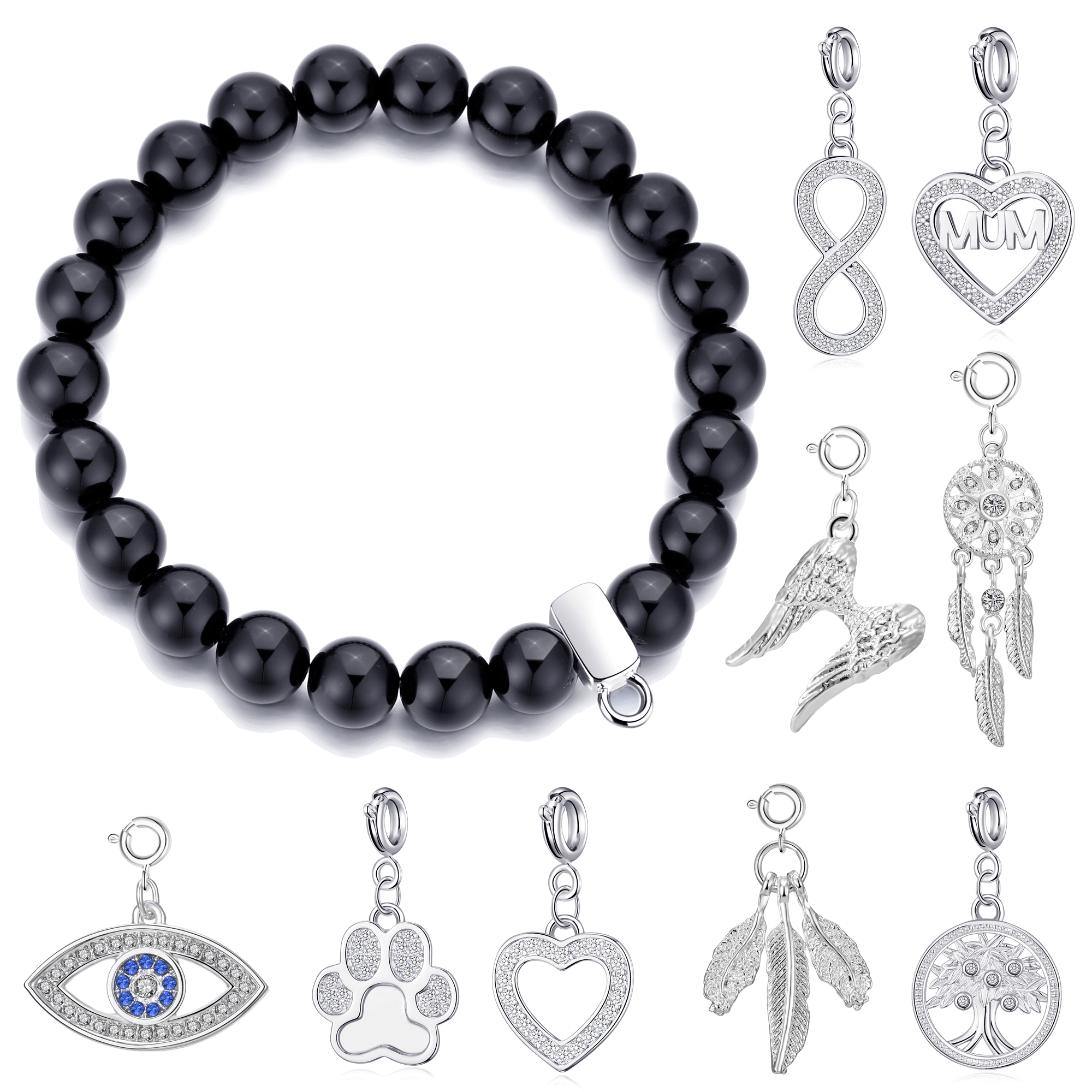 Black Onyx Gemstone Stretch Bracelet with Charm Created with Zircondia® Crystals