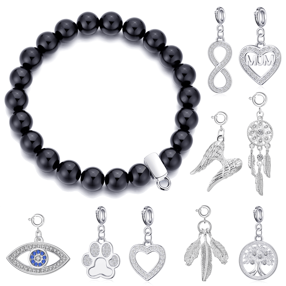 Black Onyx Gemstone Stretch Bracelet with Charm Created with Zircondia® Crystals