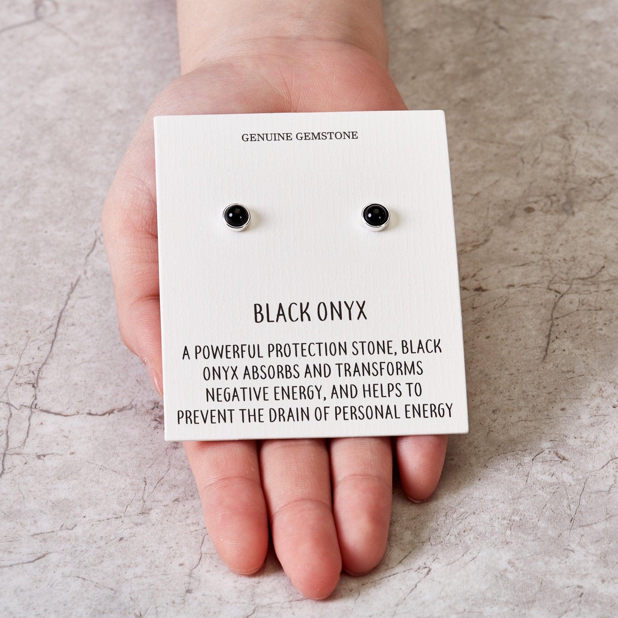 Black Onyx Stud Earrings with Quote Card