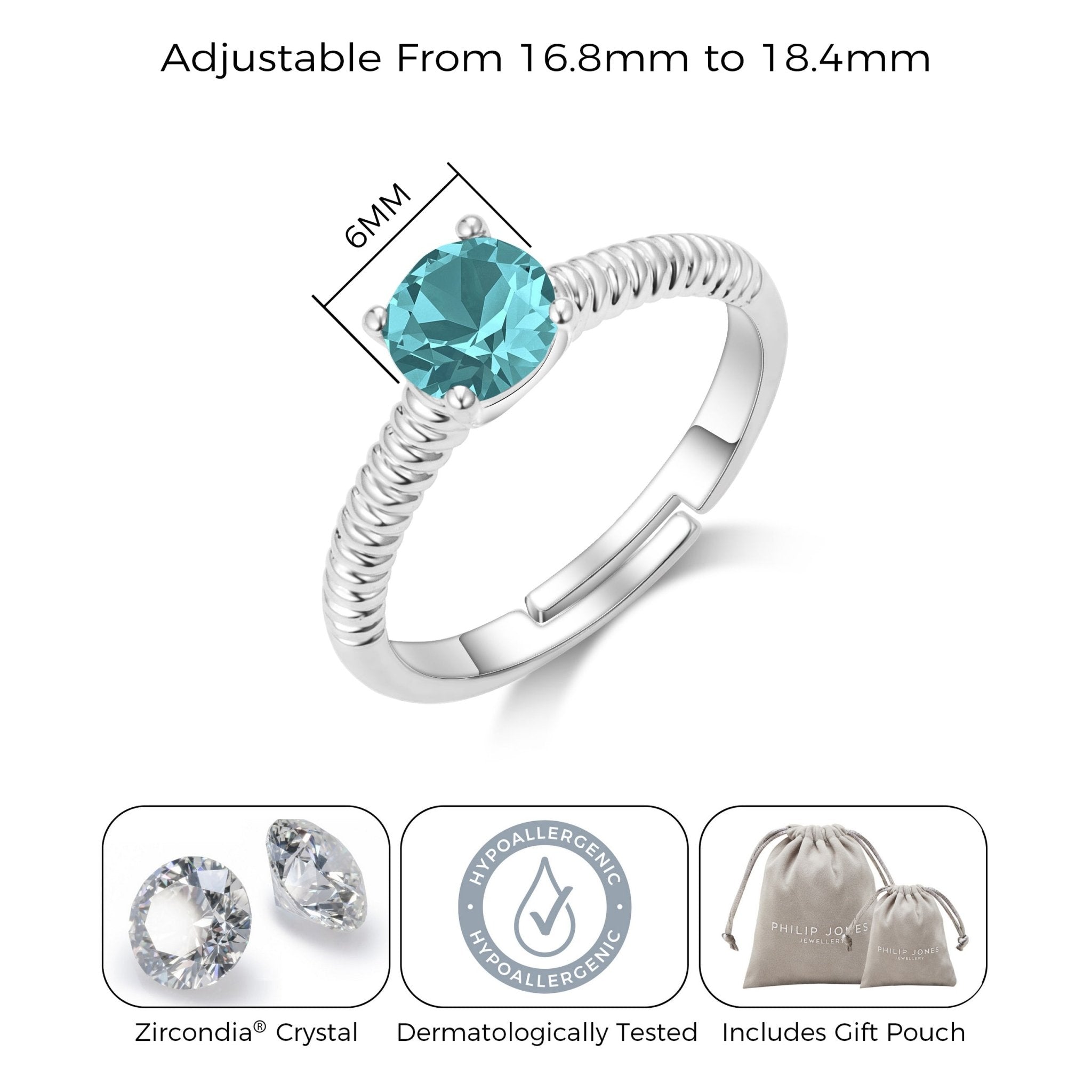 December (Blue Topaz) Adjustable Birthstone Ring Created with Zircondia® Crystals
