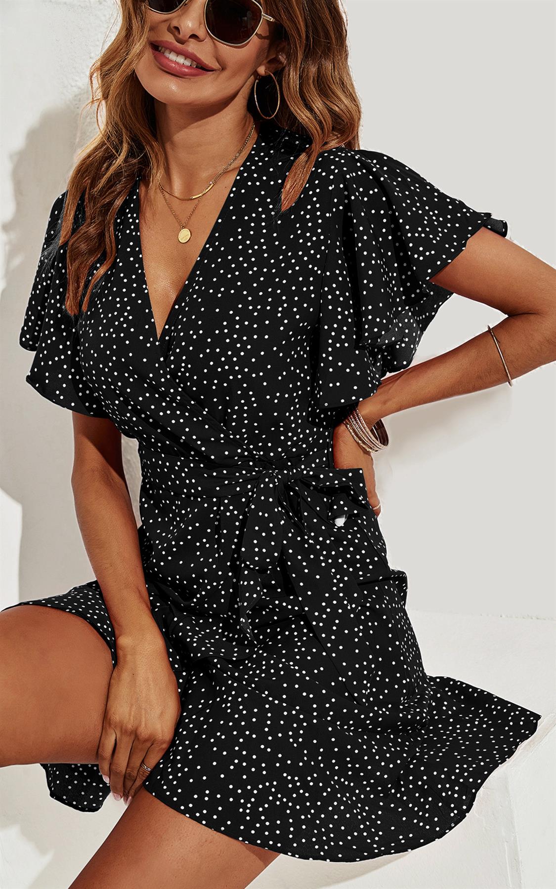 White Dot Mini Wrap Top Dress In Black
