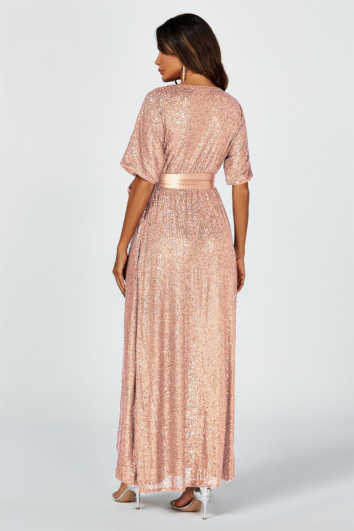 Wrap Style Sequin Maxi Dress In Gold