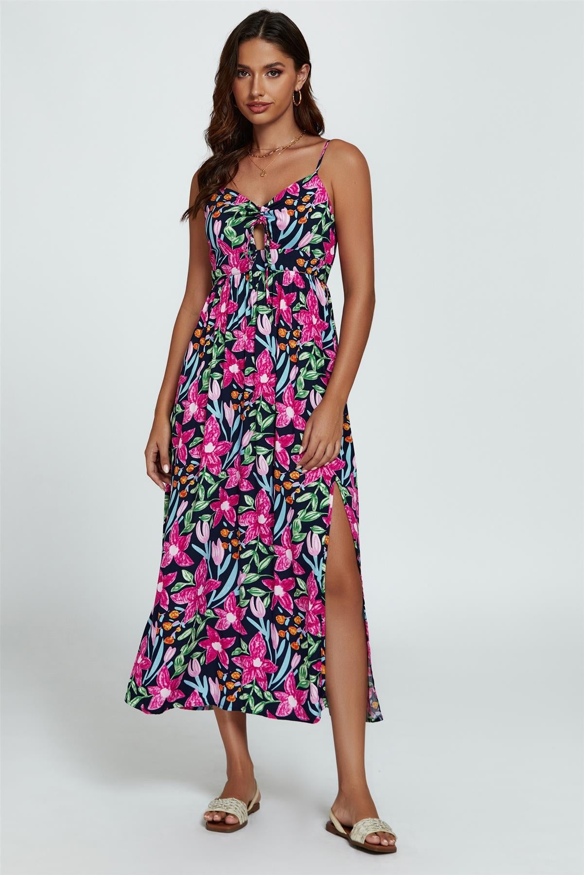 Floral Print Tie Front Maxi Dress In Black