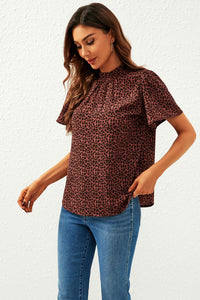 Leopard Print Angel Sleeve High Neck Top/Blouse In Rusty