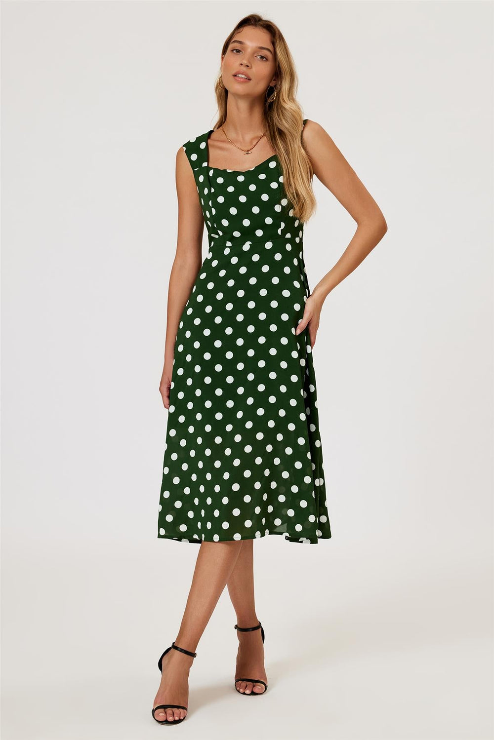 Polka Dot Print Heart Neck Midi Green