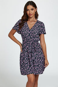 Floral Print Hem Tiered Wrap Mini Dress In Navy