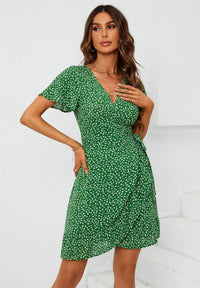 Floral Print Mini Wrap Dress In Green