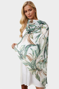 Green Leaf Print Tassel Scarf In White