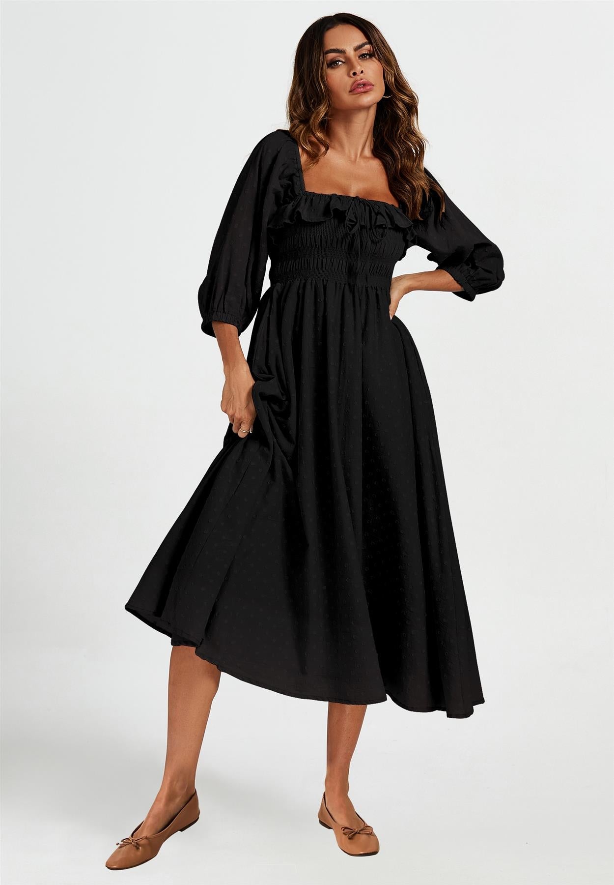 Frill Detail Square Neckline Midi Dress In Black