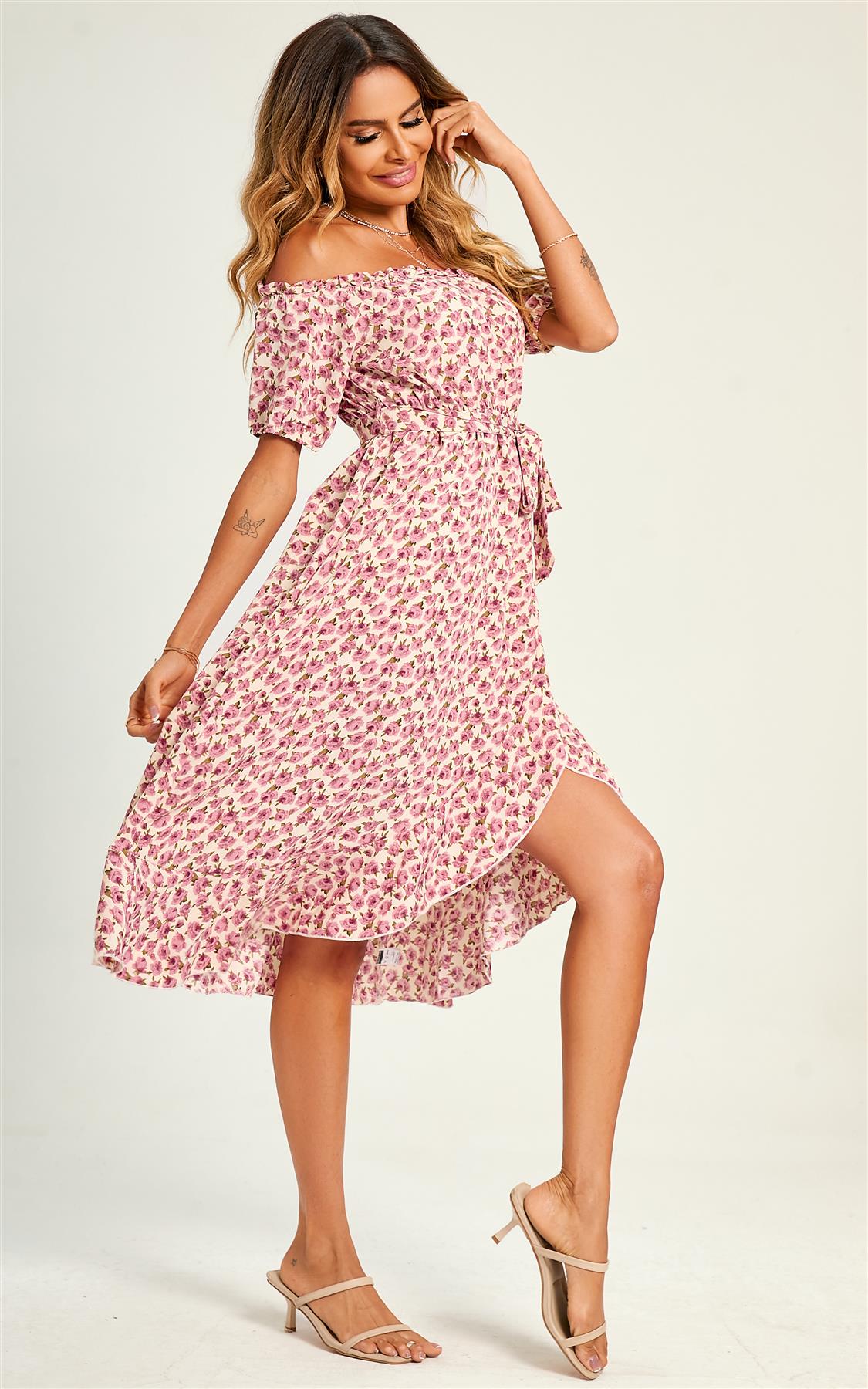 Rose Garden Bardot Frill High Low Slip Midi Dress In Pink