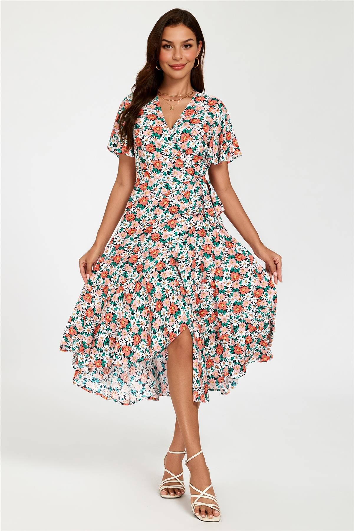 Daisy Print Midi Wrap Dress In Pink