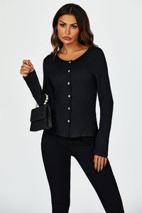 Button Down Ruched Stretch Long Sleeves Top In Black