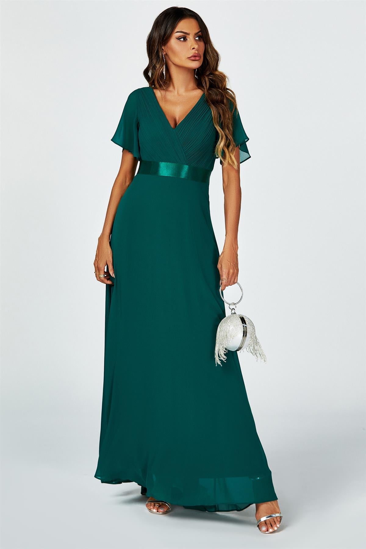 Angel Sleeves Empire Waist Bridesmaid Dress In Green