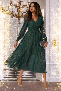 Gold Stripe Foil Long Sleeve Maxi Dress In Green