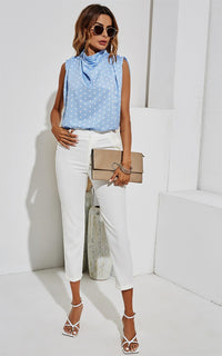 High Neck Sleeveless Blouse In Blue & White Polka Dot