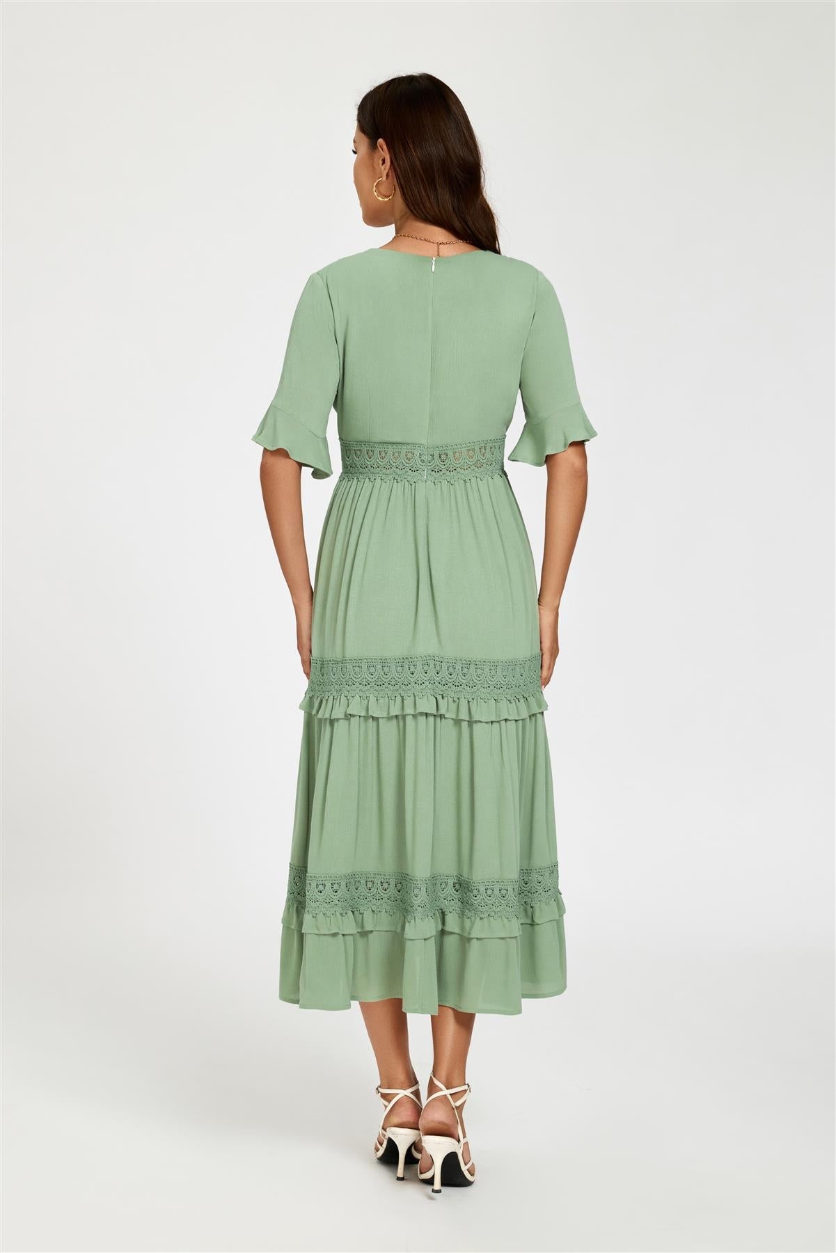 V Neck Lace Detail Midi Dress In Green