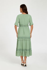 V Neck Lace Detail Midi Dress In Green