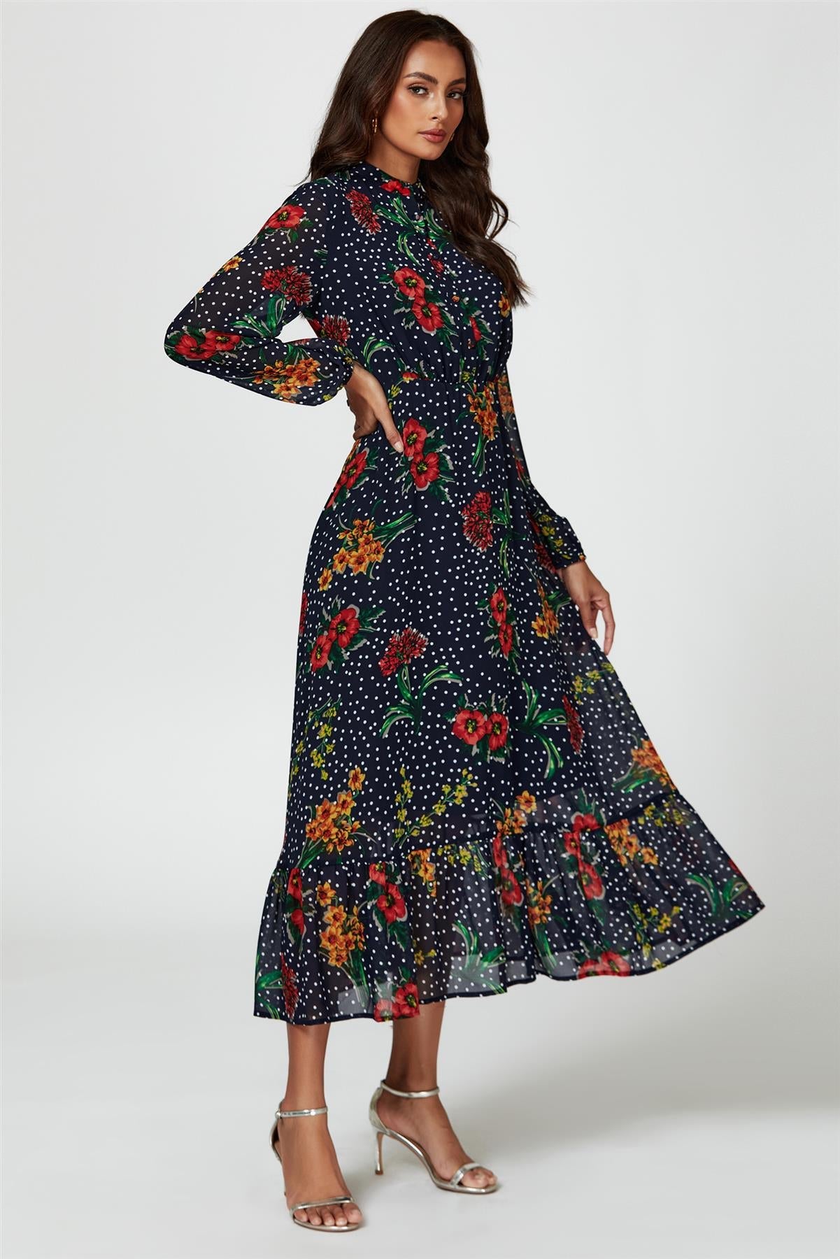 Floral Dot Print Maxi Dress In Navy