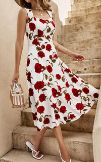 Red Roses Print Heart Neck Midi Dress In Off White