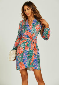 Leopard Print Wrap Mini Dress In Blue